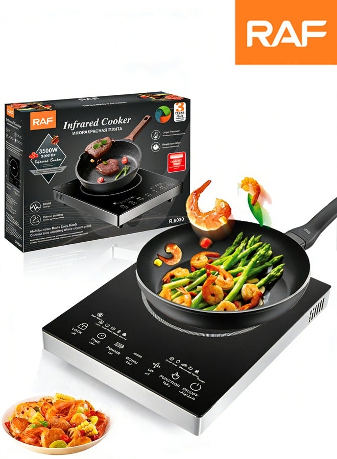 آر إيه أف موقد رقمي بالأشعة تحت الحمراء ، لوح تسخين كهربائي سيراميك 3500 واط مع وضع طهي متعدد ، شاشة ليد مكونة من 4 أرقام وتحكم باللمس/ 10 مستويات طاقة ودرجة حرارة قابلة للتعديل ، قفل أمان للأطفال ، مؤقت ، حماية من الحرارة الزائدة ، متوافق مع جميع أدوات الطهي ، ر. 8030 - Image 1